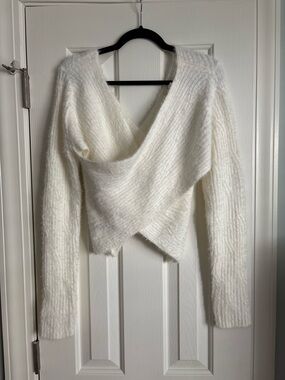 Elan Off-Shoulder White Faux-Fur Cropped Sweater